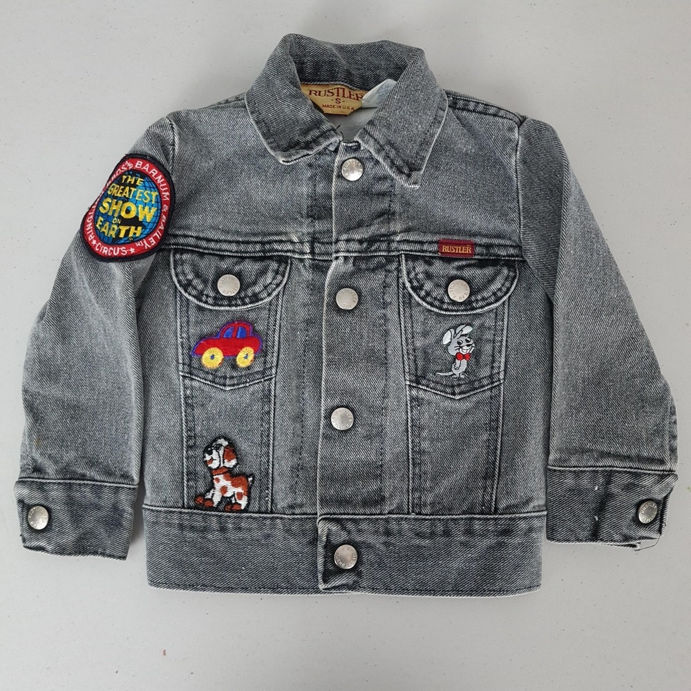 Vintage Rustler Denim Jacket Boys 9-12M Gray Trucker Circus Animal Patches
